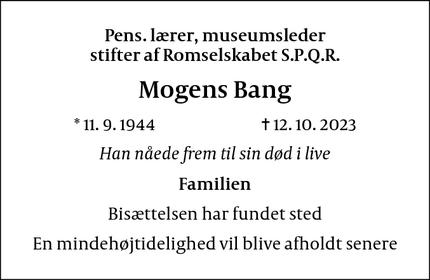 Dødsannoncen for Mogens Bang - Gentofte