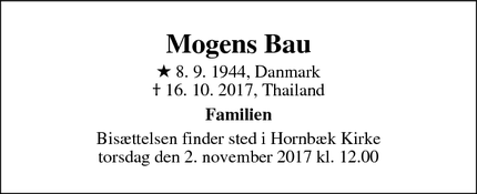 Dødsannoncen for Mogens Bau - Helsingør