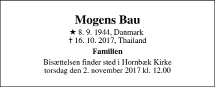 Dødsannoncen for Mogens Bau - Helsingør