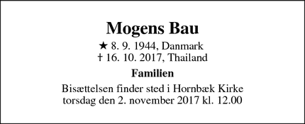 Dødsannoncen for Mogens Bau - Helsingør