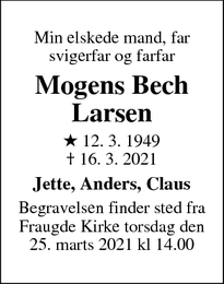 Dødsannoncen for Mogens Bech Larsen - Odense 