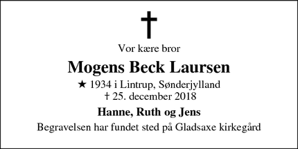 Dødsannoncen for Mogens Beck Laursen - Brændkjærgade 47, 6000 Kolding