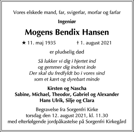 Dødsannoncen for Mogens Bendix Hansen - Kongens Lyngby