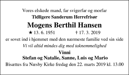 Dødsannoncen for Mogens Berthil Hansen - Odense