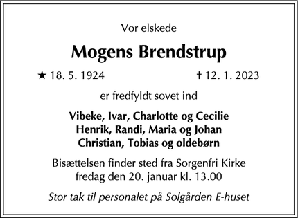 Dødsannoncen for Mogens Brendstrup - Virum