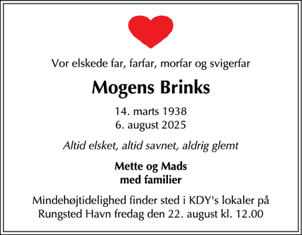 Dødsannoncen for Mogens Brinks - Skodsborg