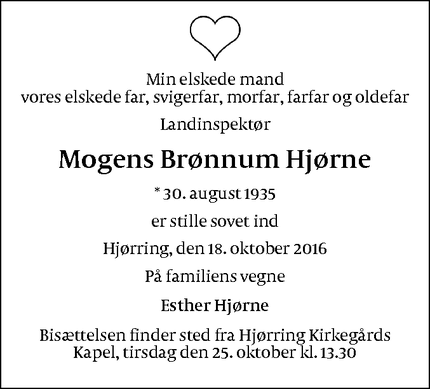 Dødsannoncen for Mogens Brønnum Hjørne - Hjørring