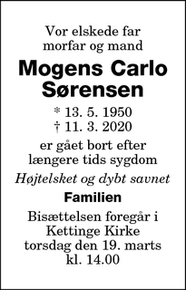 Dødsannoncen for Mogens Carlo Sørensen - Kettinge