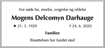 Dødsannoncen for Mogens Delcomyn Darhauge - Værløse