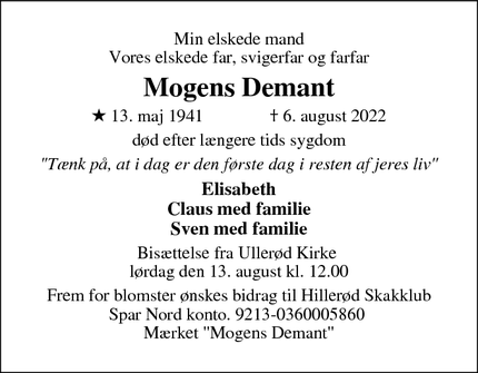 Dødsannoncen for Mogens Demant - Hilllerød