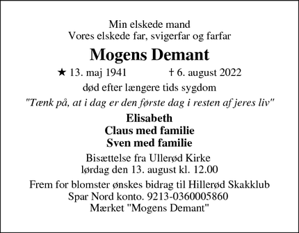 Dødsannoncen for Mogens Demant - Hilllerød