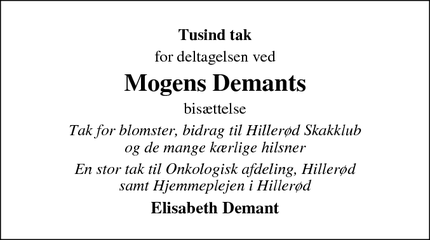 Taksigelsen for Mogens Demants - 3400 Hillerød