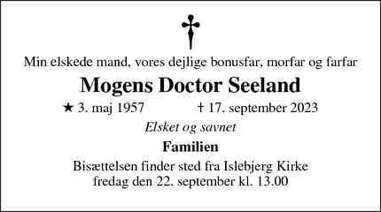 Dødsannoncen for Mogens Doctor Seeland - Frederikssund
