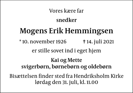 Dødsannoncen for Mogens Erik Hemmingsen - Rødovre