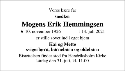 Dødsannoncen for Mogens Erik Hemmingsen - Rødovre