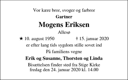 Dødsannoncen for Mogens Eriksen - Allesø 5270 Odense N