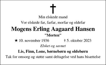 Dødsannoncen for Mogens Erling Aagaard Hansen - Holbæk