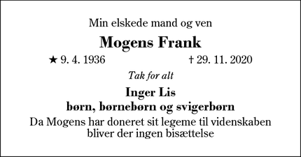 Dødsannoncen for Mogens Frank - København V