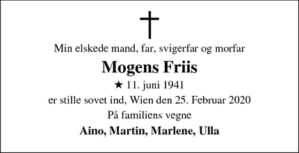 Dødsannoncen for Mogens Friis - Wien