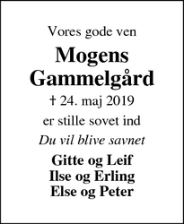 Dødsannoncen for Mogens Gammelgård - Skjern