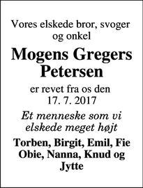Dødsannoncen for Mogens Gregers Petersen  - Møldrup