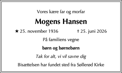 Dødsannoncen for Mogens Hansen - Holte