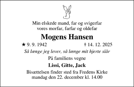 Dødsannoncen for Mogens Hansen - Odense