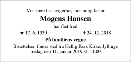 Dødsannoncen for Mogens Hansen - Jyllinge