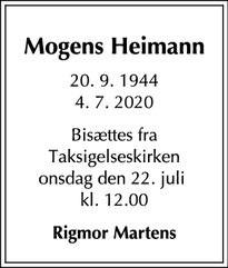 Dødsannoncen for Mogens Heimann - Skovfogedengen 33B, 3300 Frederiksværk