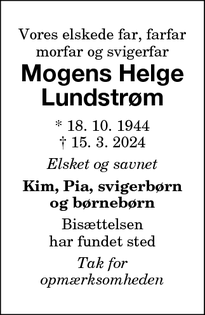 Dødsannoncen for Mogens Helge
Lundstrøm - Nykøbing F.