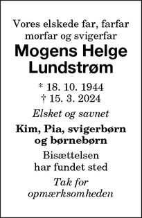 Dødsannoncen for Mogens Helge
Lundstrøm - Nykøbing F.