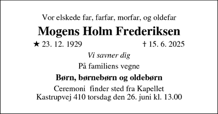 Dødsannoncen for Mogens Holm Frederiksen - København