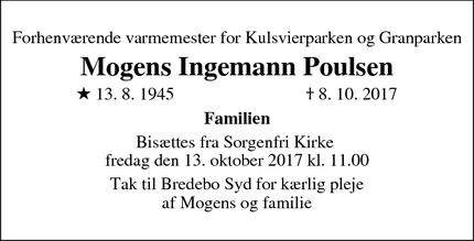 Dødsannoncen for Mogens Ingemann Poulsen - Lyngby