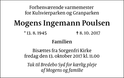 Dødsannoncen for Mogens Ingemann Poulsen - Lyngby