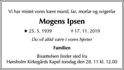 Dødsannoncen for Mogens Ipsen - Hørsholm