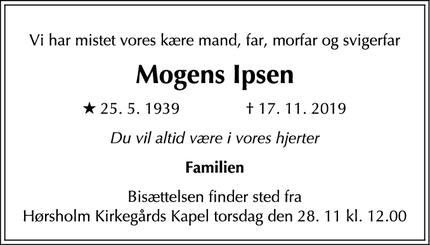 Dødsannoncen for Mogens Ipsen - Hørsholm