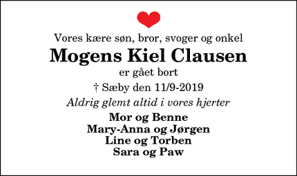 Dødsannoncen for Mogens Kiel Clausen - Frederikshavn