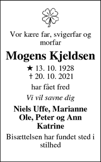 Dødsannoncen for Mogens Kjeldsen - Vissenbjerg
