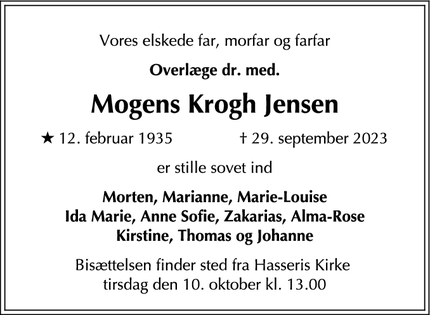 Dødsannoncen for Mogens Krogh Jensen - Aalborg