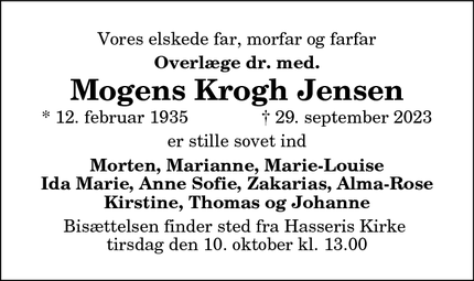 Dødsannoncen for Mogens Krogh Jensen - Aalborg