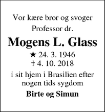 Dødsannoncen for Mogens L. Glass - Sao Paulo, Brasilien
