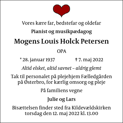 Dødsannoncen for Mogens Louis Holck Petersen - Roskilde