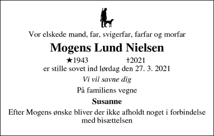 Dødsannoncen for Mogens Lund Nielsen - Slagelse