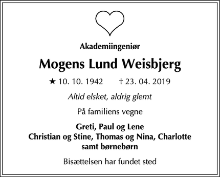 Dødsannoncen for Mogens Lund Weisbjerg - Vanløse
