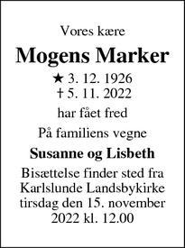 Dødsannoncen for Mogens Marker - Karlslunde