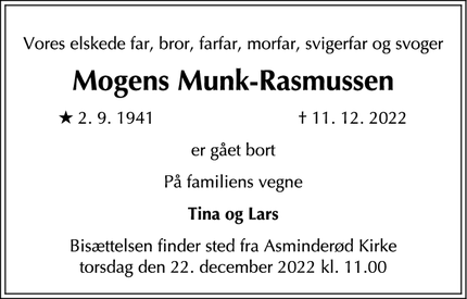 Dødsannoncen for Mogens Munk-Rasmussen - Fredensborg