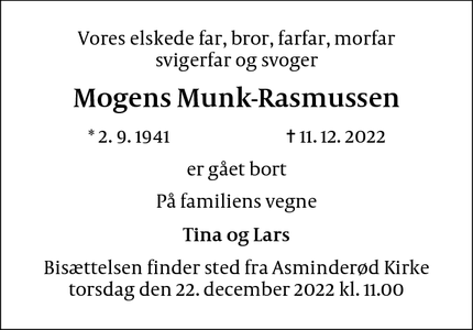 Dødsannoncen for Mogens Munk-Rasmussen - Fredensborg