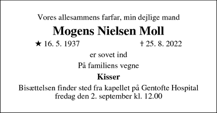 Dødsannoncen for Mogens Nielsen Moll - Gentofte