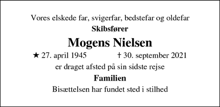 Dødsannoncen for Mogens Nielsen - Thurø, Svendborg
