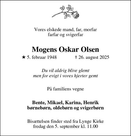 Dødsannoncen for Mogens Oskar Olsen - 3540 Lynge